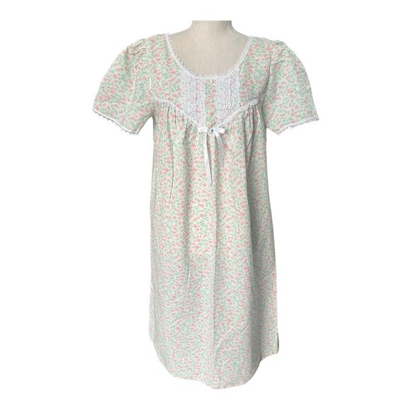 Vtg Enchantmates Miss Elaine Floral Cotton Nightgown Lace Trim Bow Cottagecore M - Picture 1 of 9